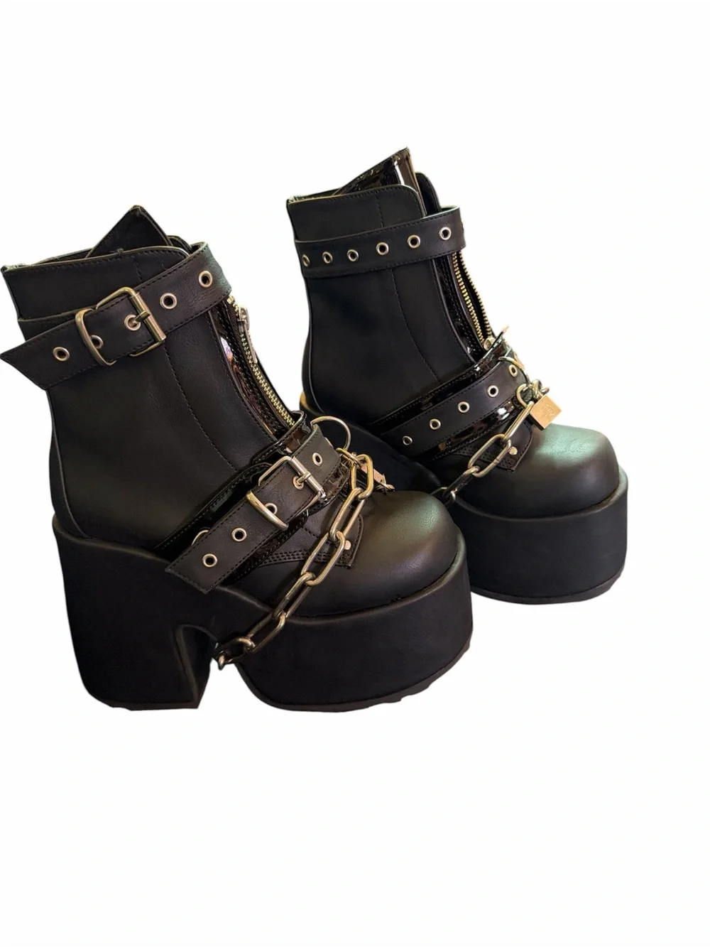 Demonia Black Platform Ankle Boots with Silver Chains